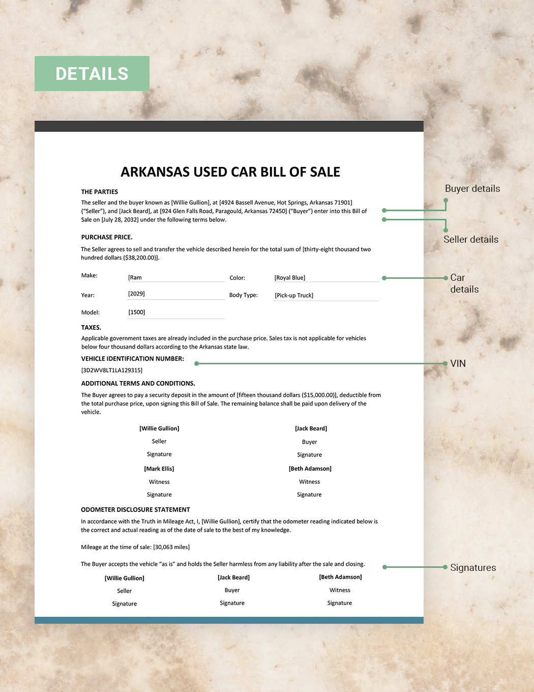 Arkansas Used Car Bill of Sale Template