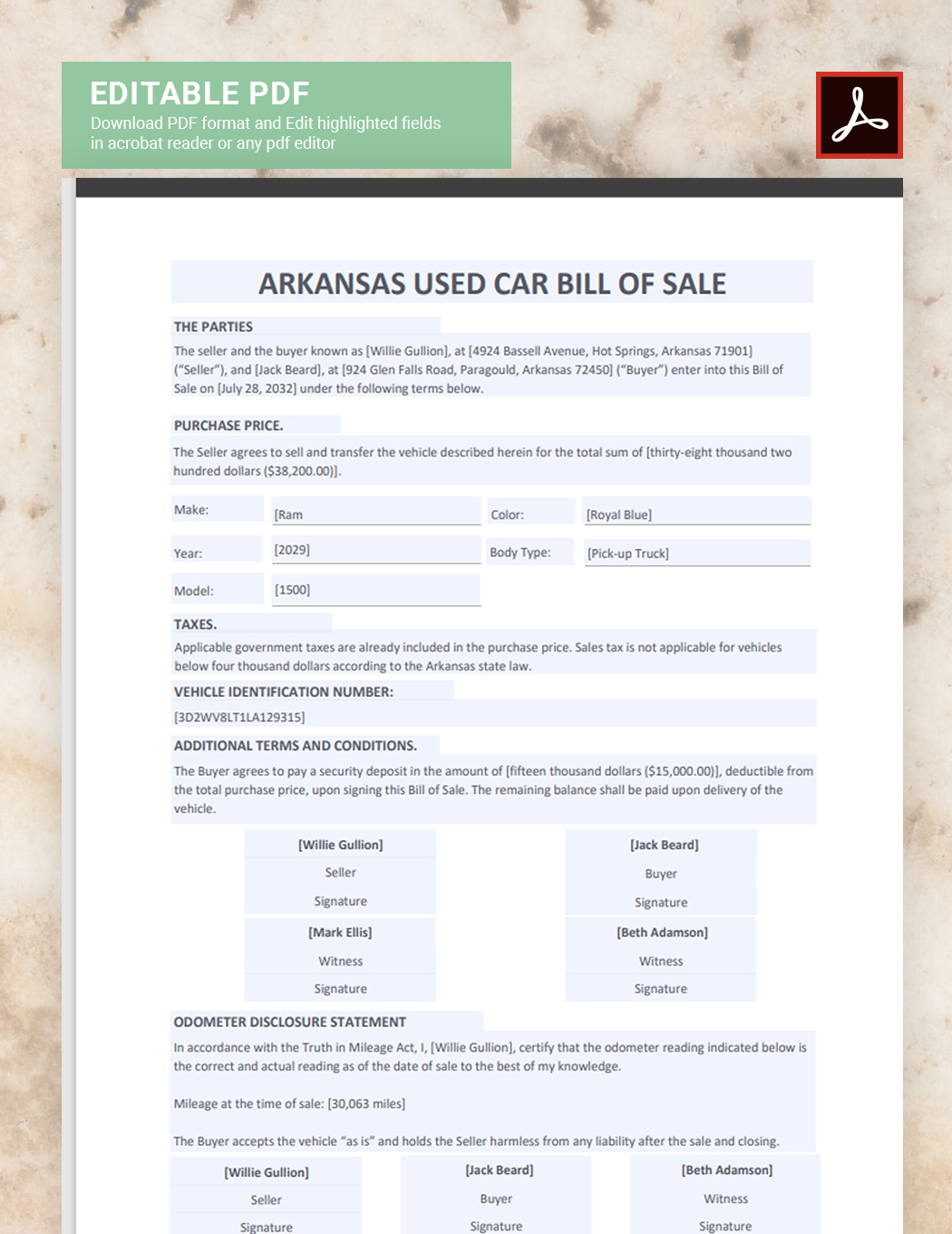 Arkansas Used Car Bill of Sale Template - Google Docs, Word, PDF