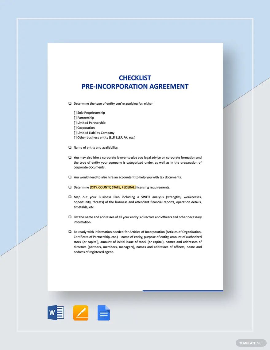 Checklist Pre-Incorporation Agreement Template