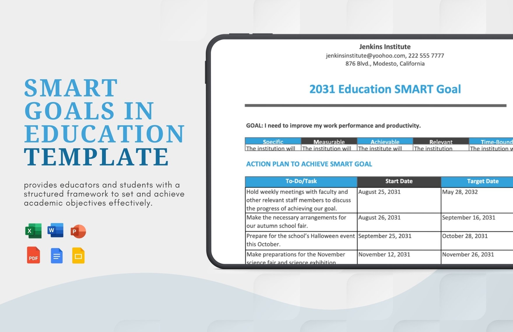 Smart Goals in Education Template in Word, Google Docs, Excel, PDF, PowerPoint, Google Slides