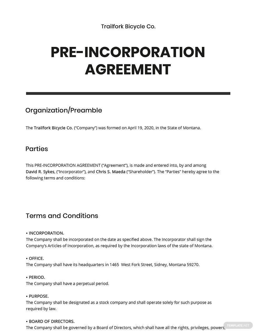 Pre-Incorporation Agreement  Form Fill-in-the-blanks 