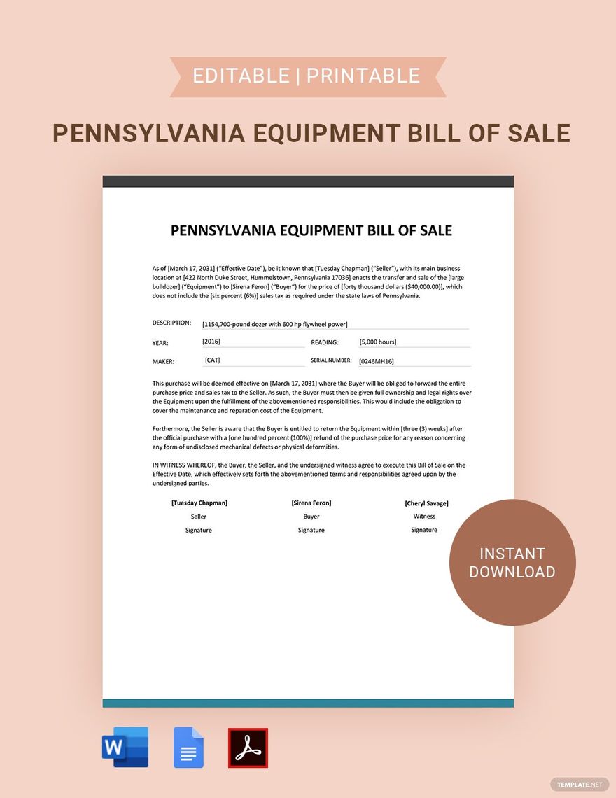 Pennsylvania Equipment Bill of Sale Template in Word, Google Docs, PDF