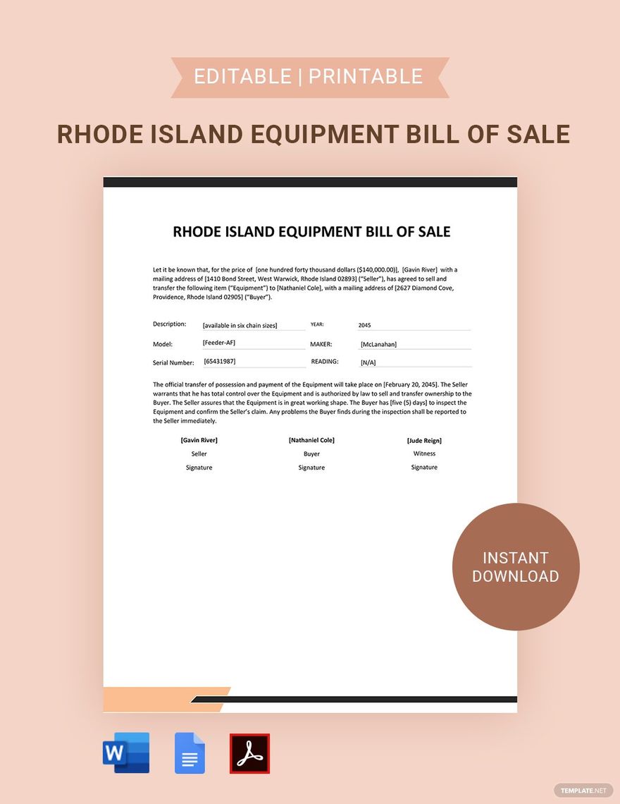 Rhode Island Equipment Bill of Sale Template in Word, Google Docs, PDF