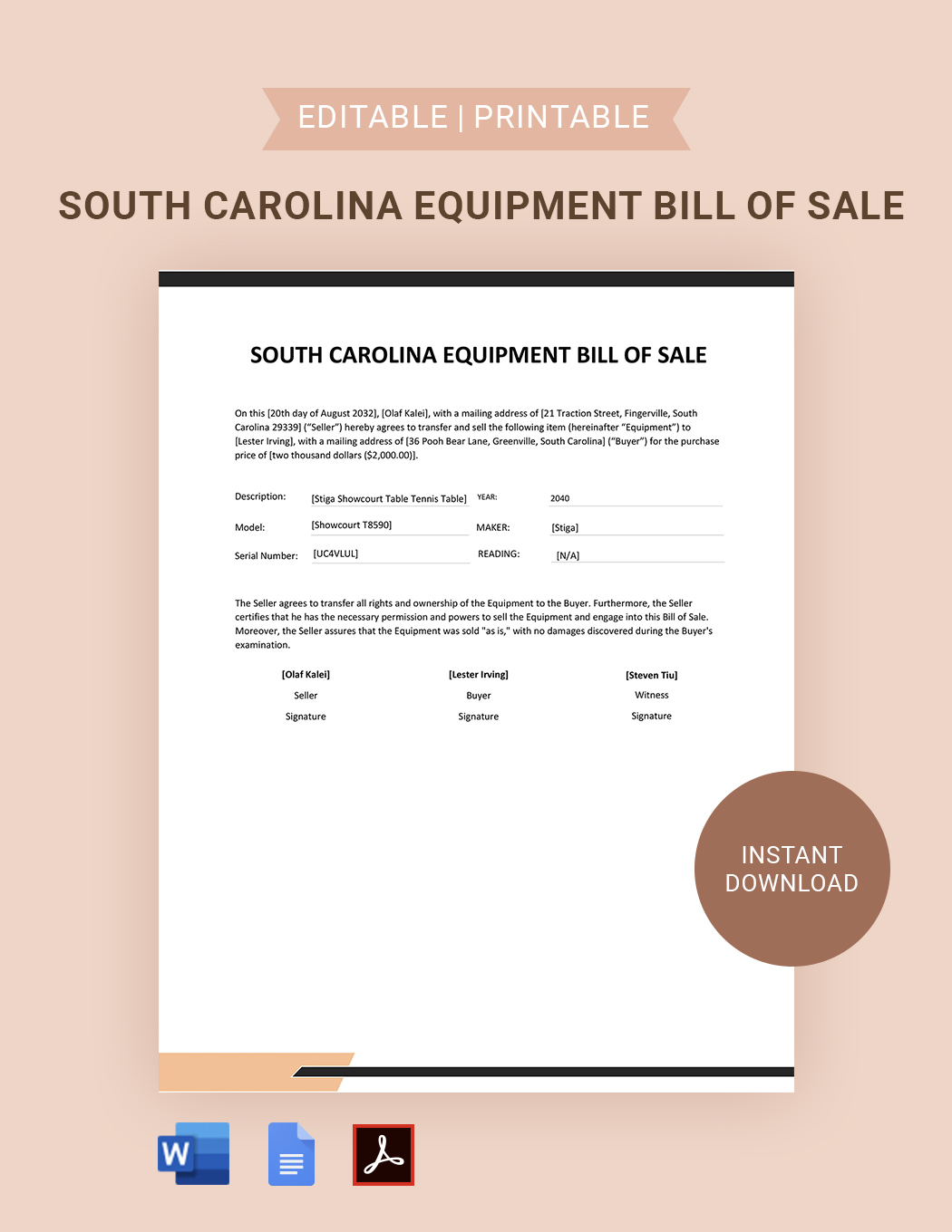 South Carolina Equipment Bill of Sale Template