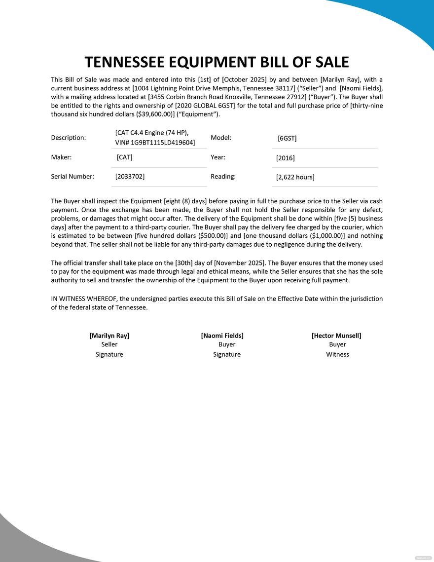 Tennessee Equipment Bill of Sale Template