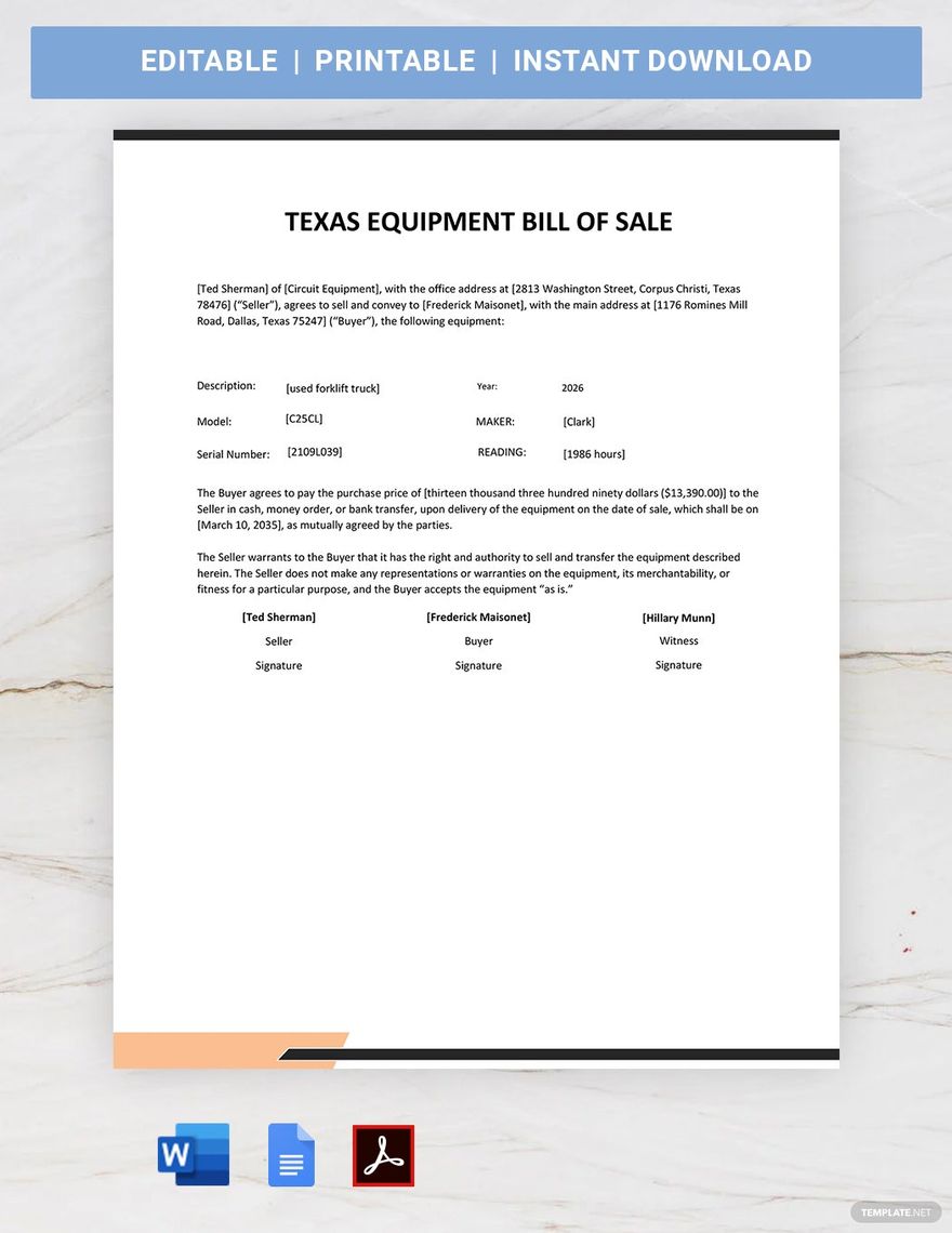 Texas Equipment Bill of Sale Form Template