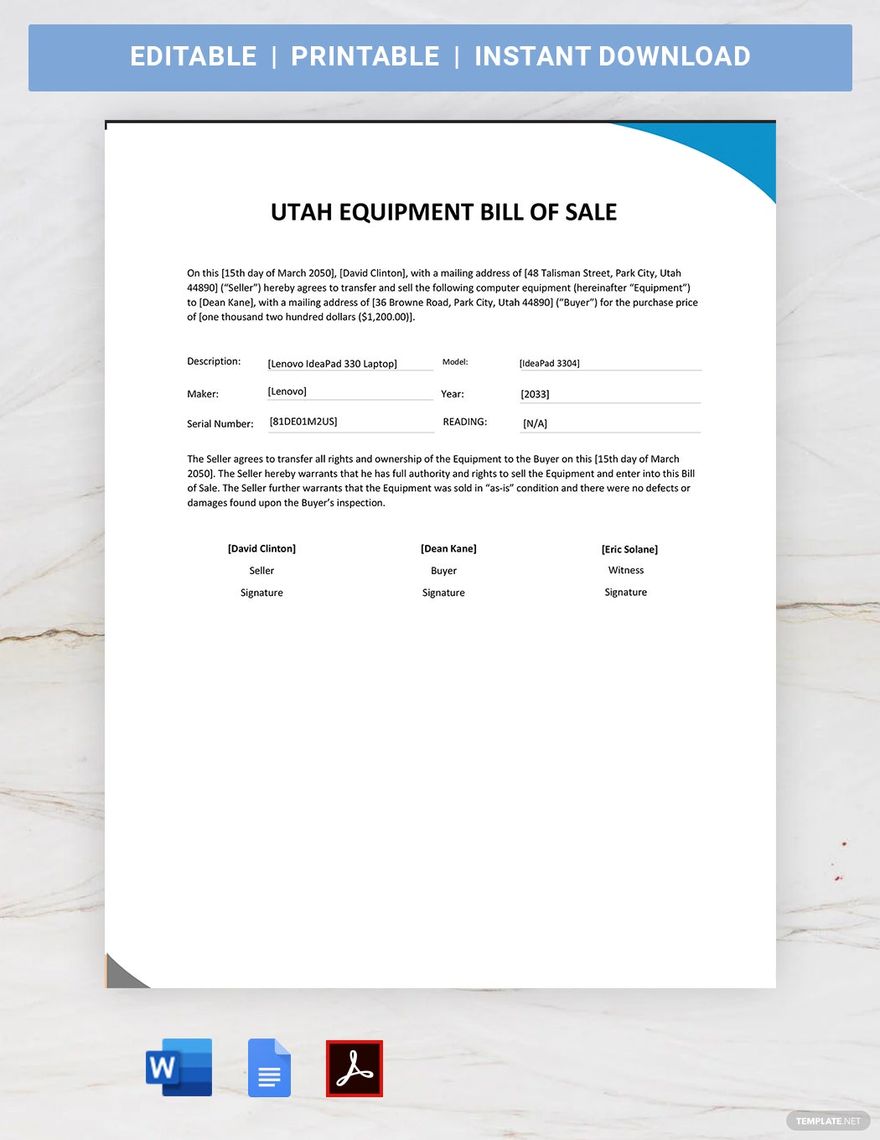 Utah Equipment Bill of Sale Template