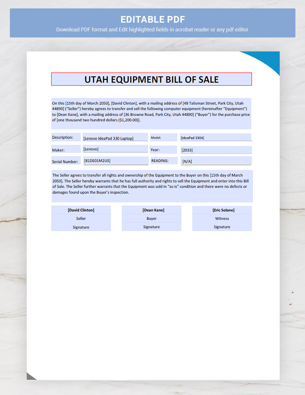 Utah Equipment Bill of Sale Template