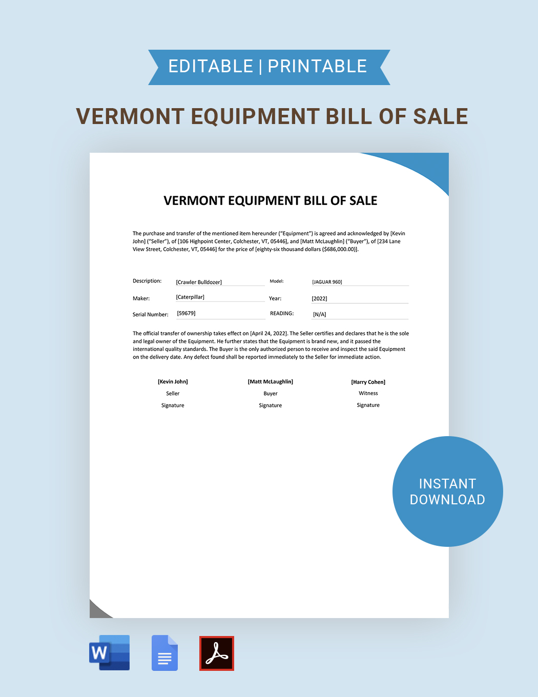 Vermont Equipment Bill of Sale Template