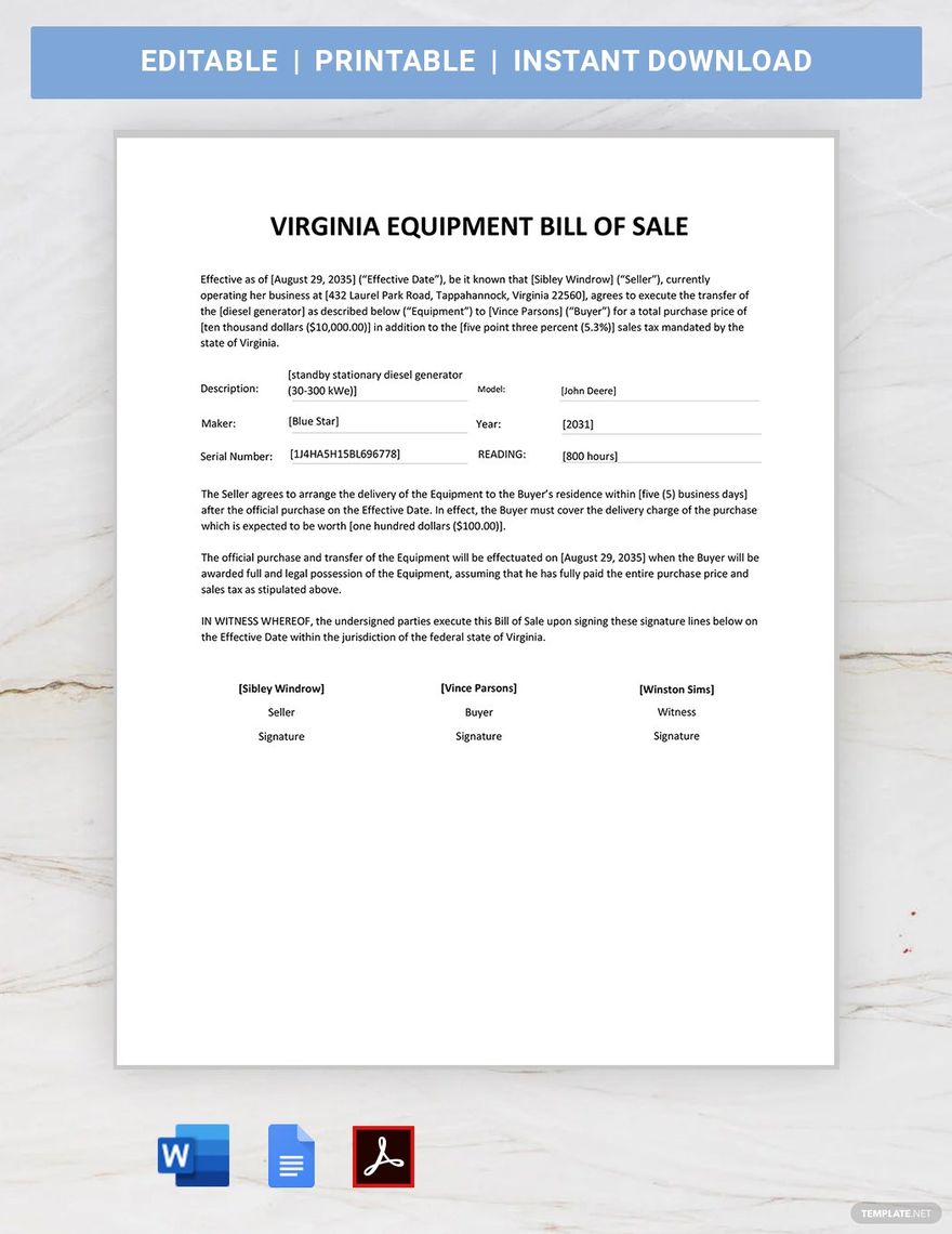 Virginia Equipment Bill of Sale Template in Word, Google Docs, PDF