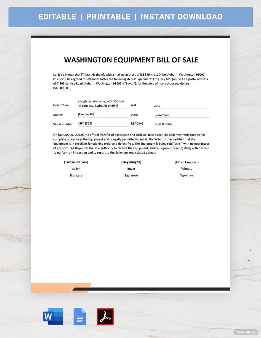 Washington Equipment Bill of Sale Template in Word, Google Docs, PDF
