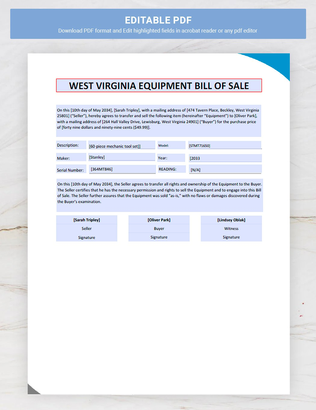 West Virginia Equipment Bill of Sale Template