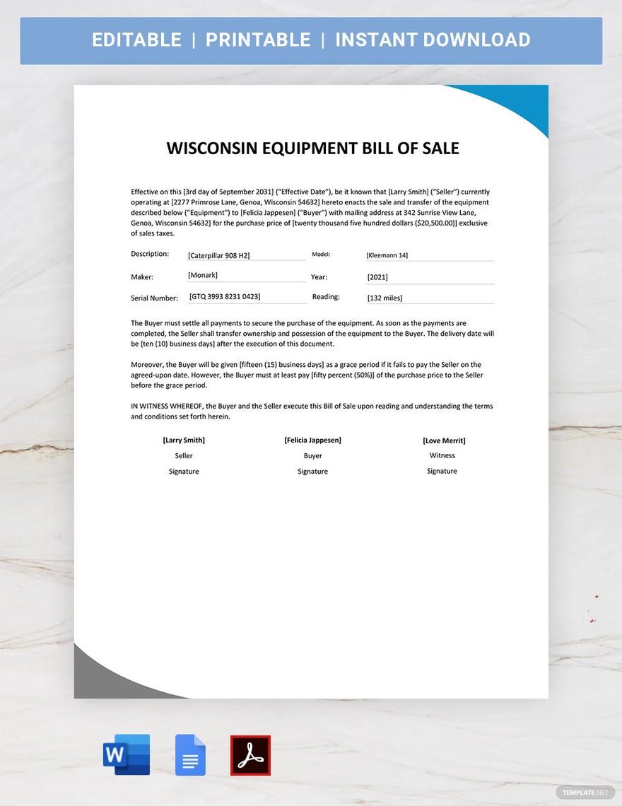 Wisconsin Equipment Bill Of Sale Template in Word, Google Docs, PDF
