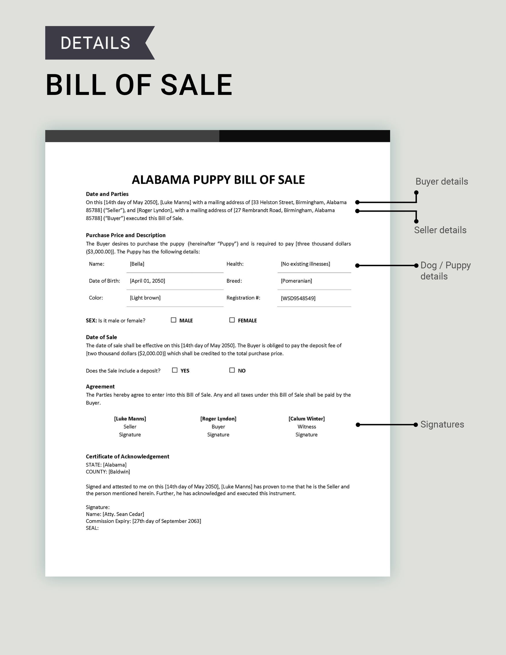 Alabama Dog / Puppy Bill of Sale Template