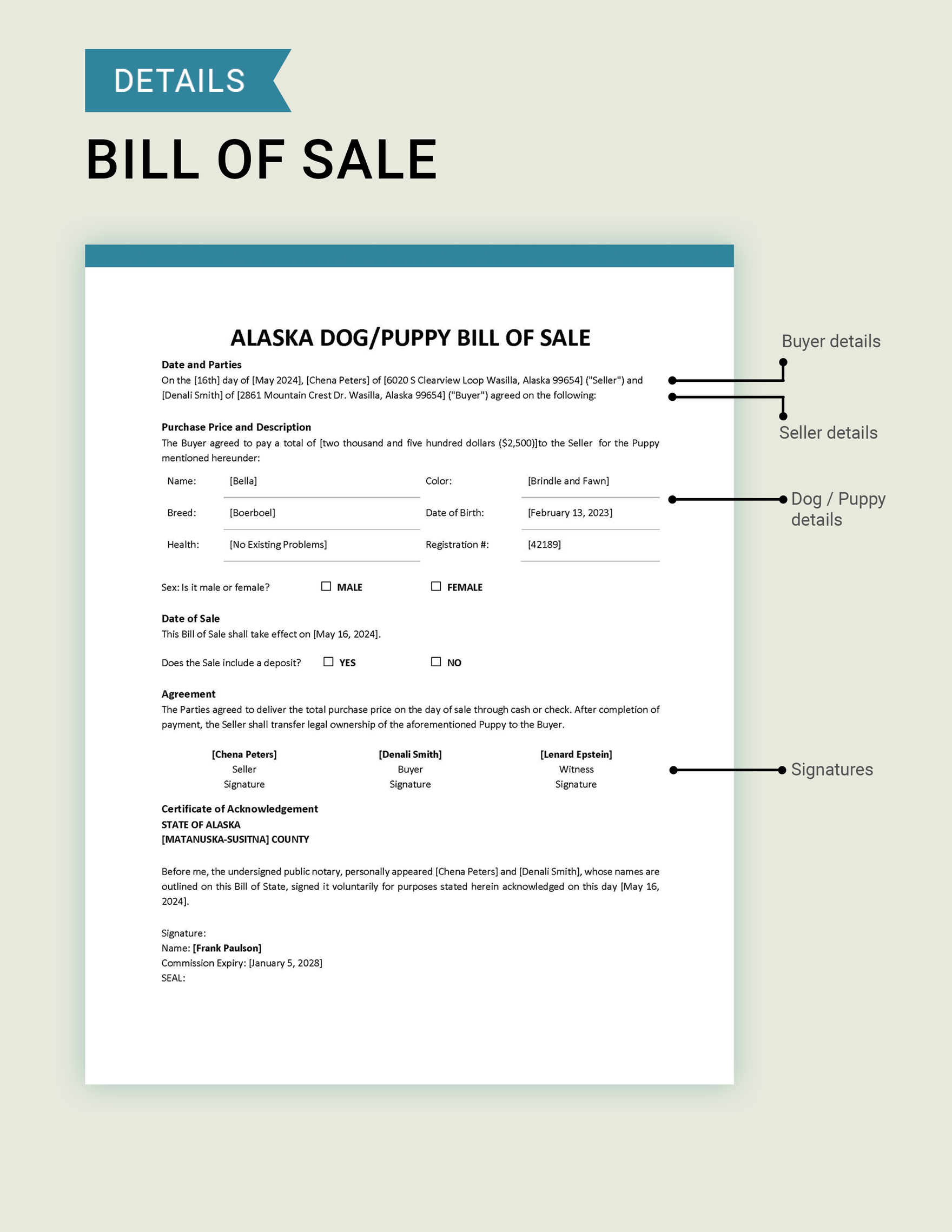 Alaska Dog / Puppy Bill of Sale Form Template