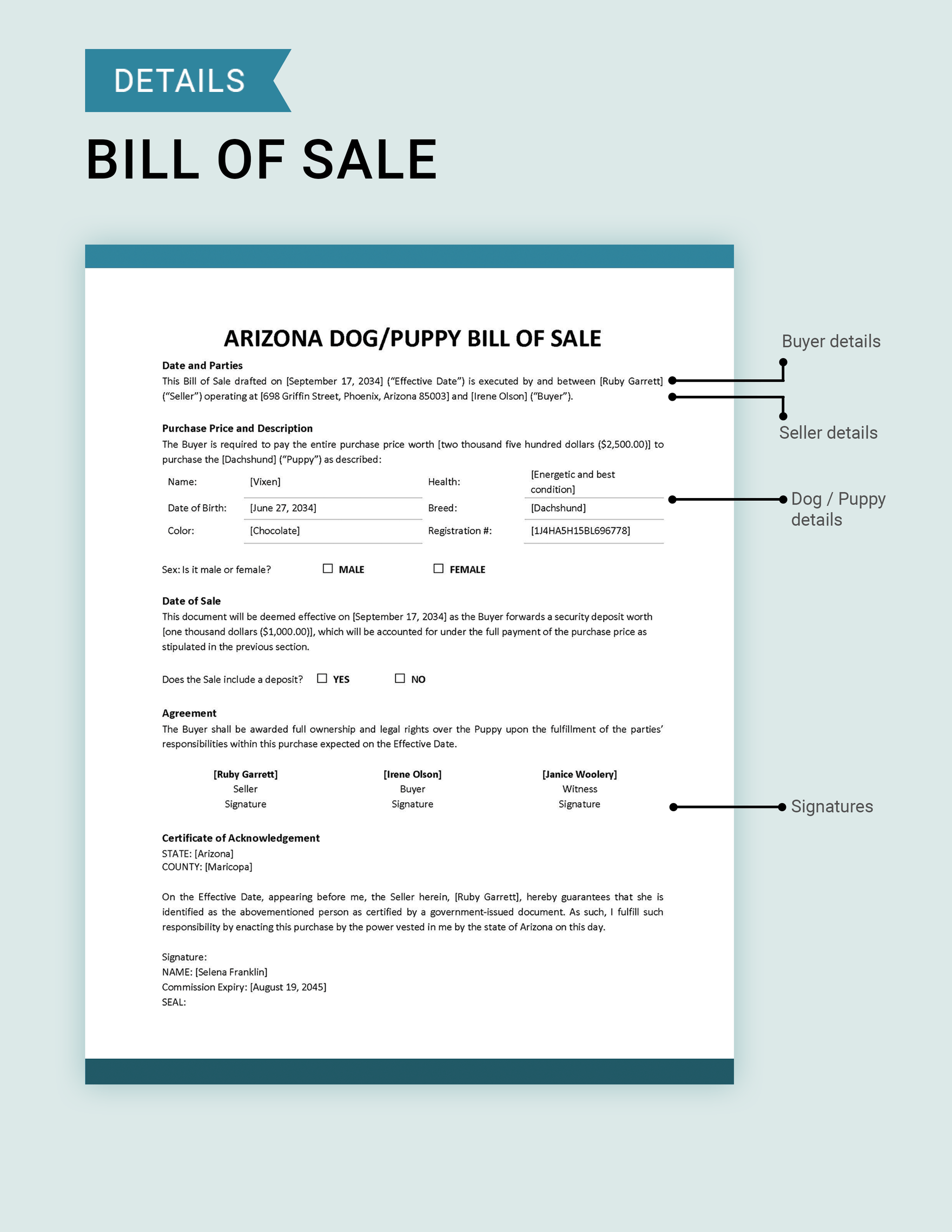 Arizona Dog / Puppy Bill of Sale Template
