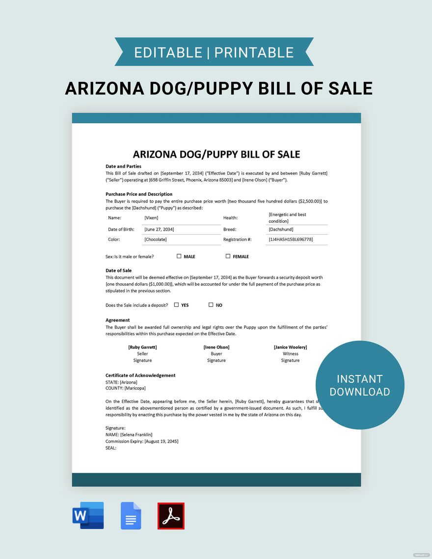 Arizona Dog / Puppy Bill of Sale Template