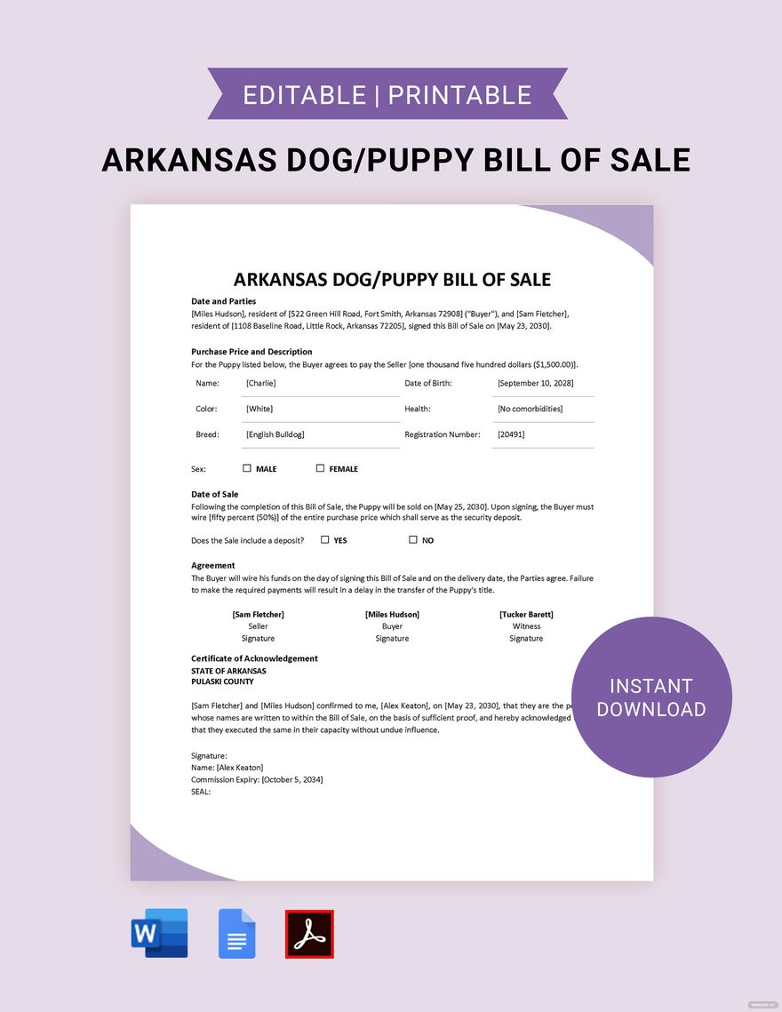 Arkansas Dog / Puppy Bill of Sale Template