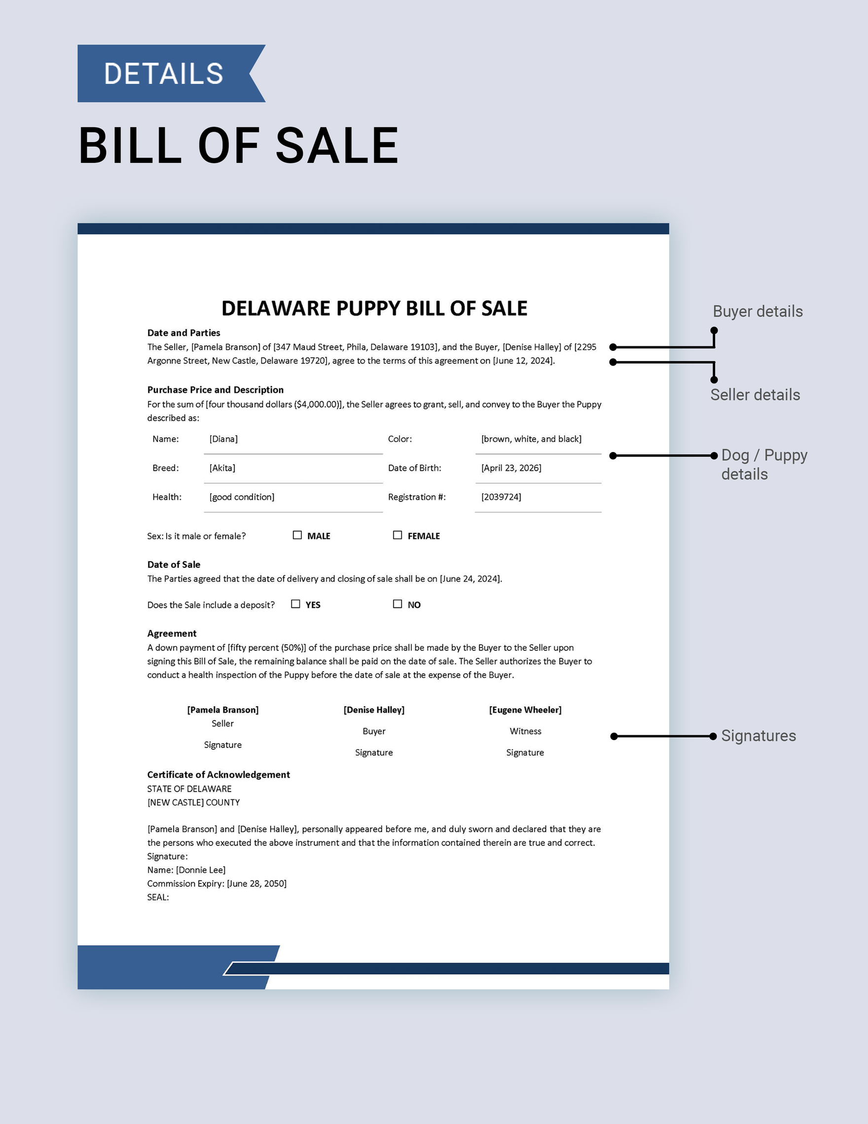 Delaware Dog / Puppy Bill of Sale Template
