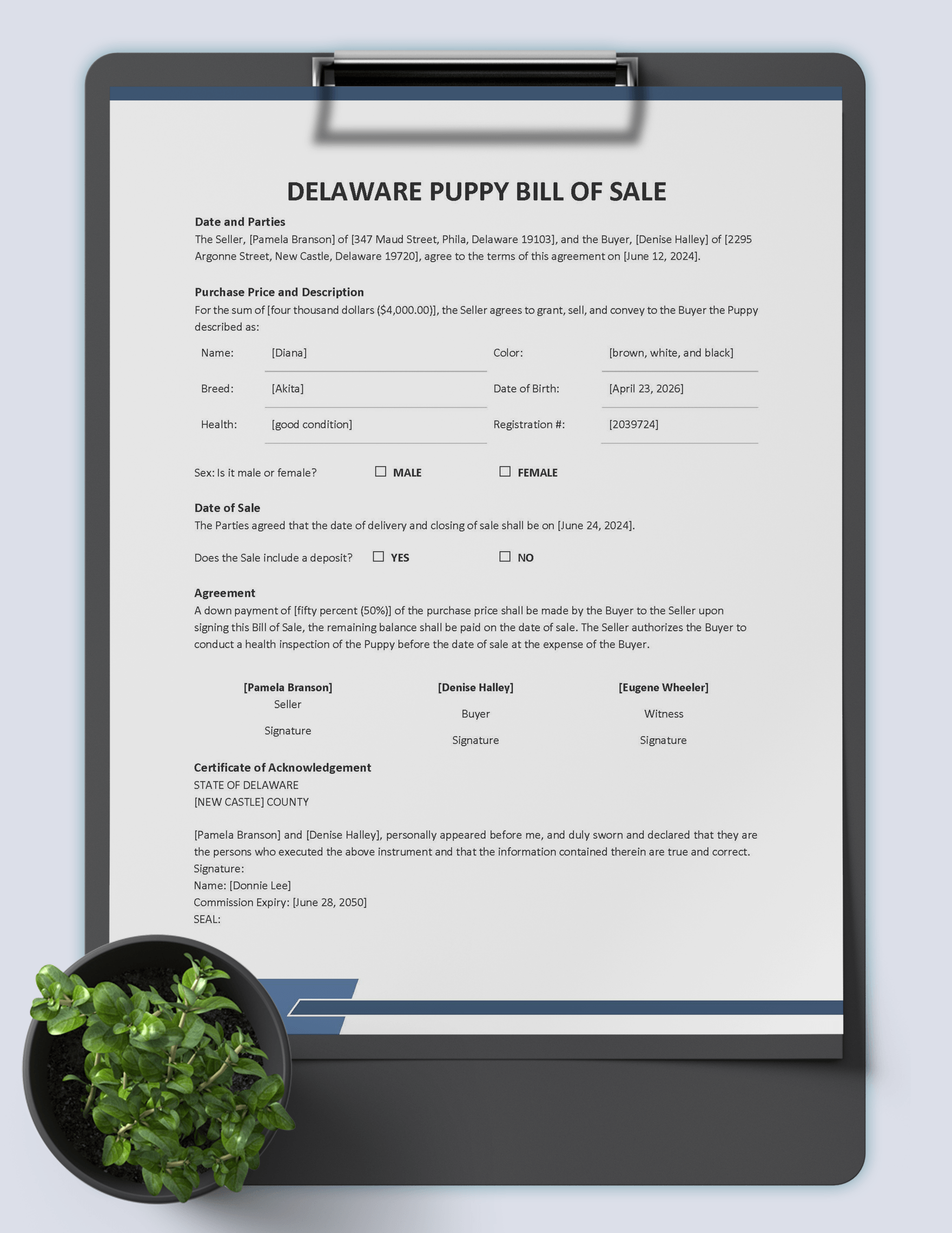Delaware Dog / Puppy Bill of Sale Template