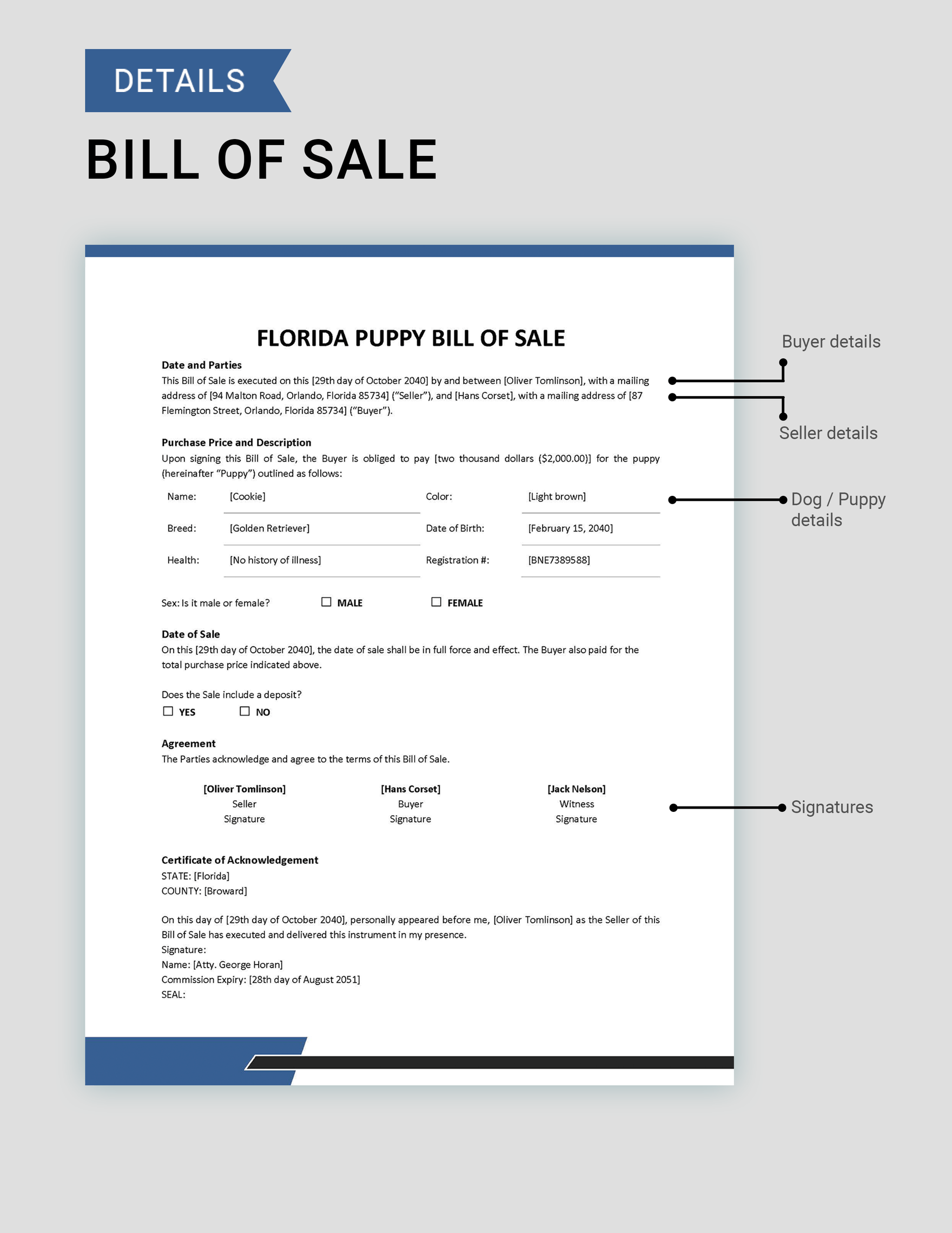 Florida Dog / Puppy Bill of Sale Form Template