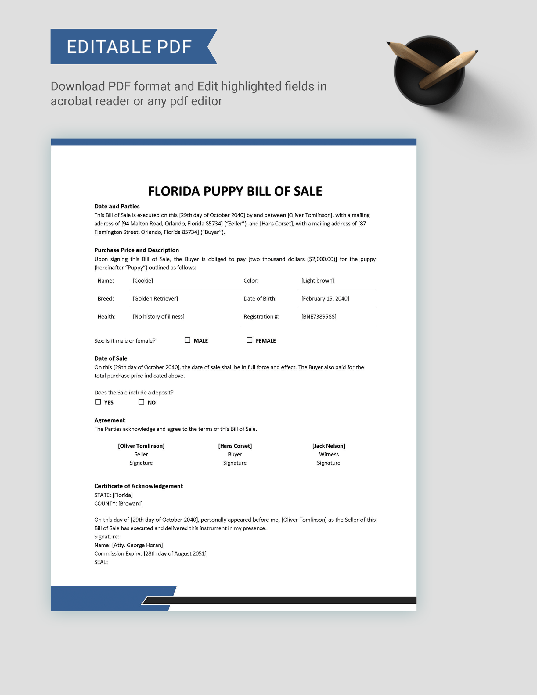 Florida Dog / Puppy Bill of Sale Form Template