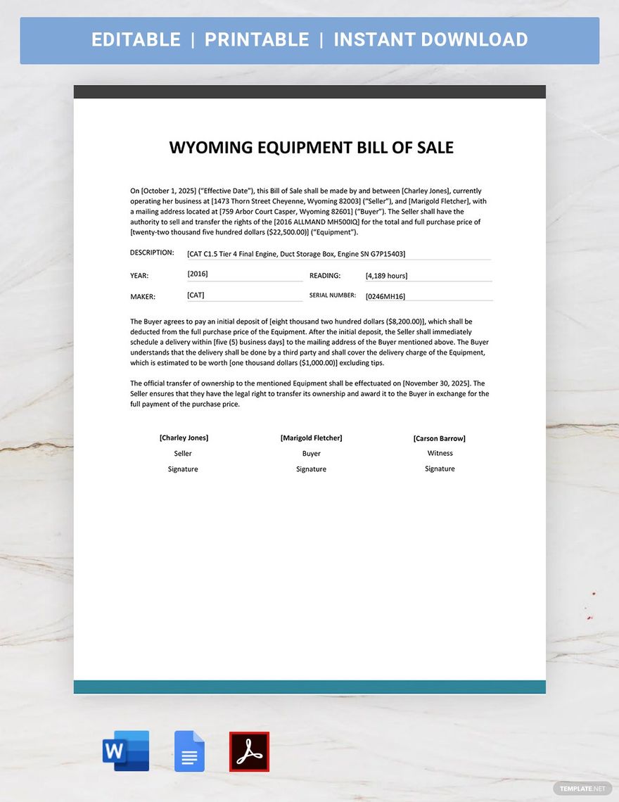 Wyoming Equipment Bill of Sale Template in Word, Google Docs, PDF