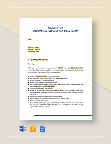 Request for Documentation Company Dissolution Template