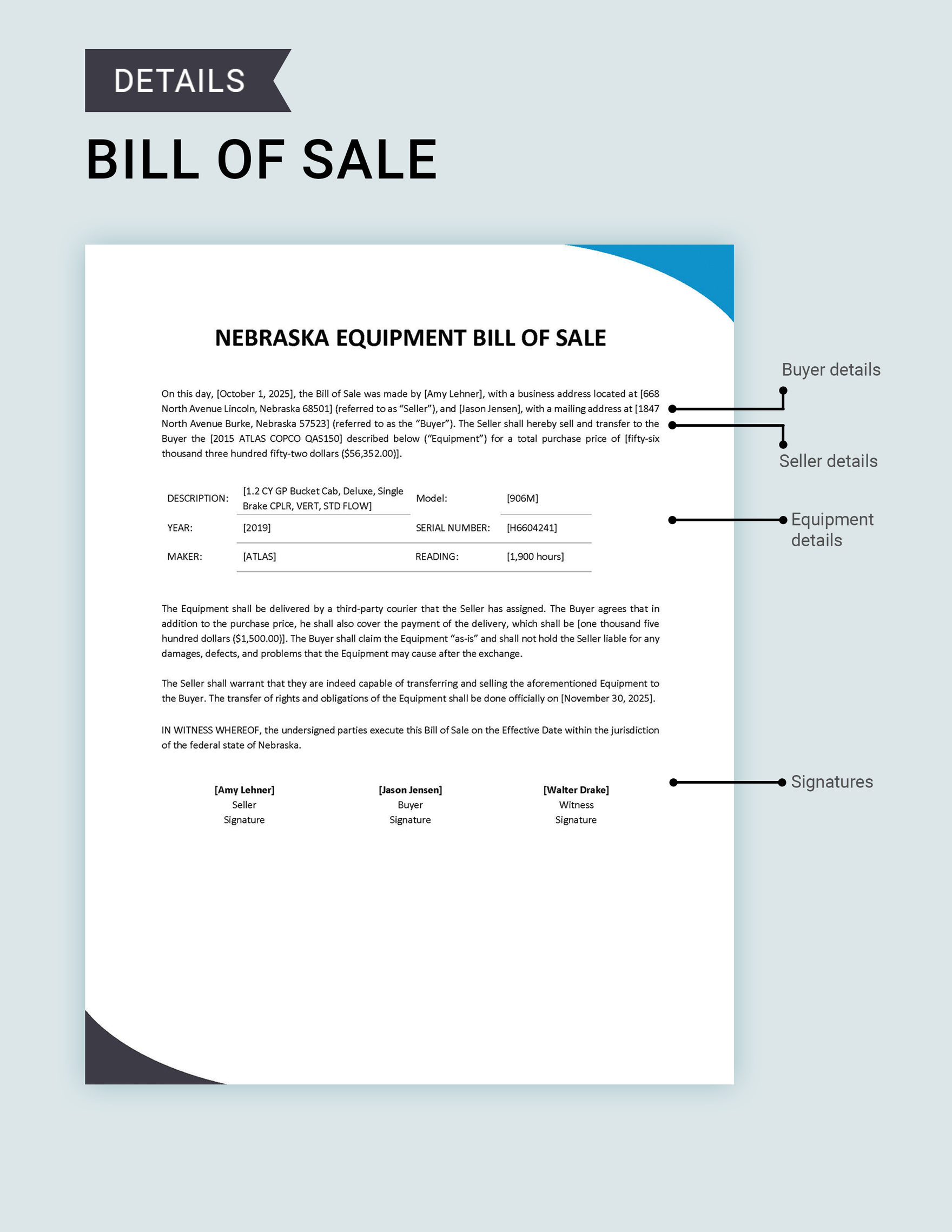 Nebraska Equipment Bill of Sale Template