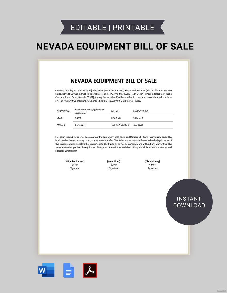 Nevada Equipment Bill of Sale Template in Word, Google Docs, PDF