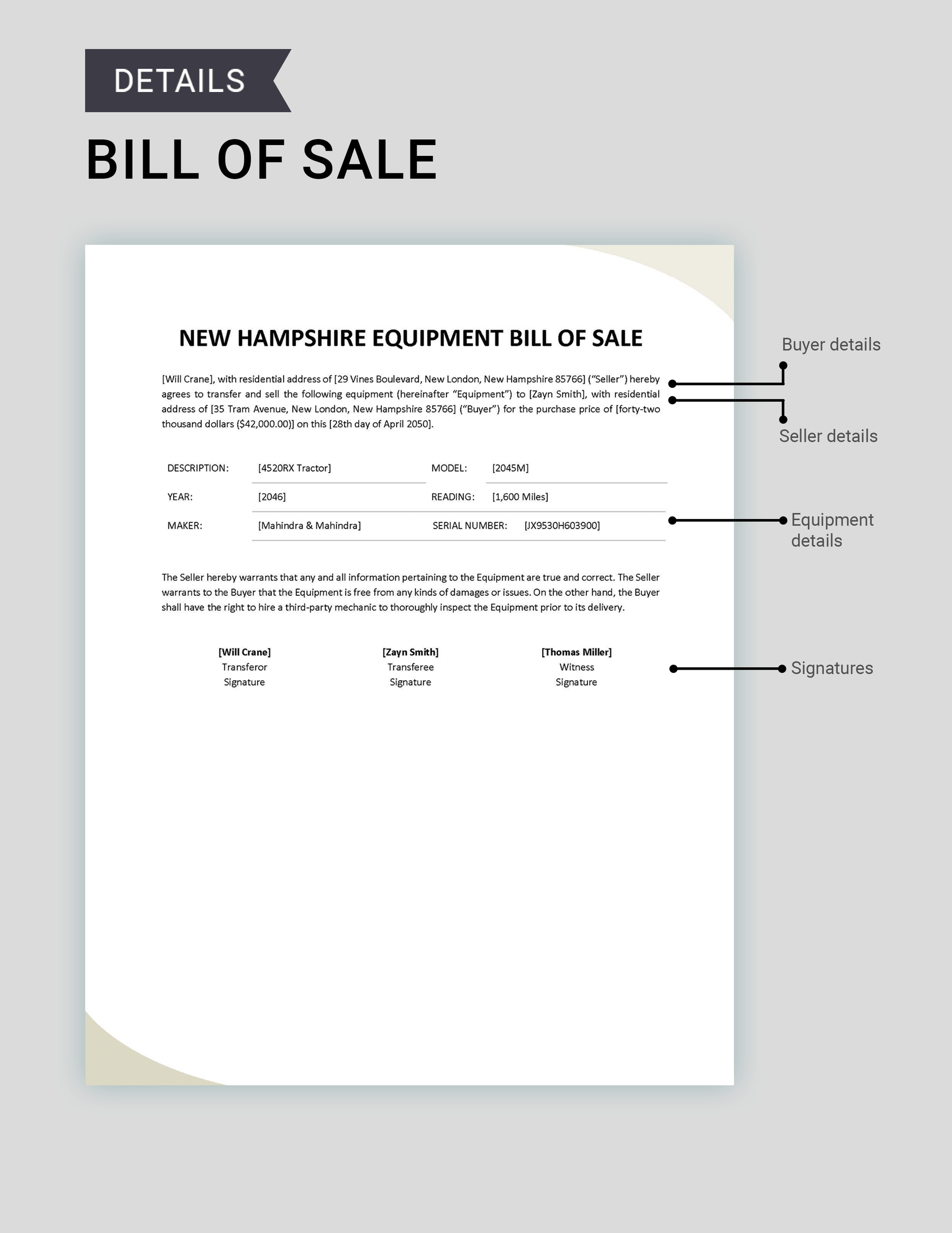New Hampshire Equipment Bill of Sale Template