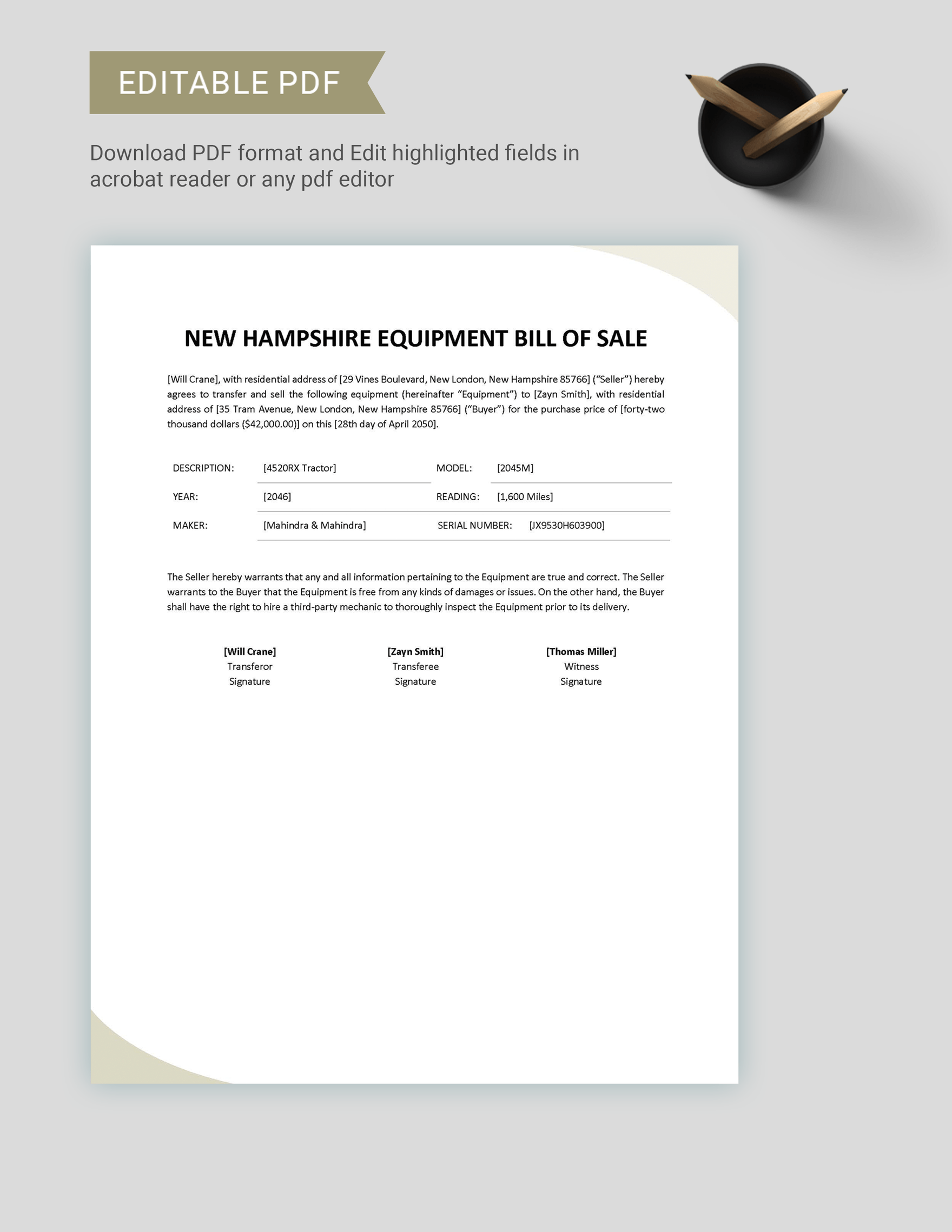 New Hampshire Equipment Bill of Sale Template