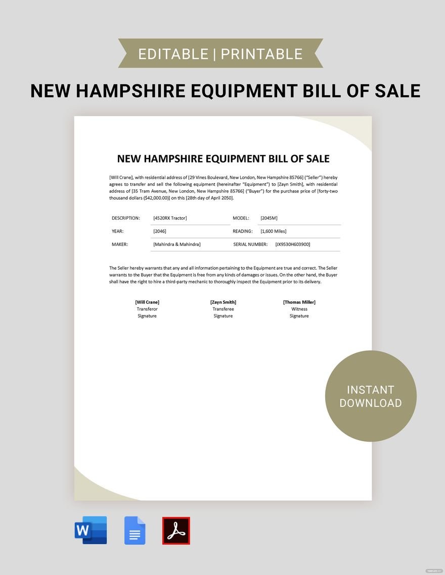 New Hampshire Equipment Bill of Sale Template in Word, Google Docs, PDF