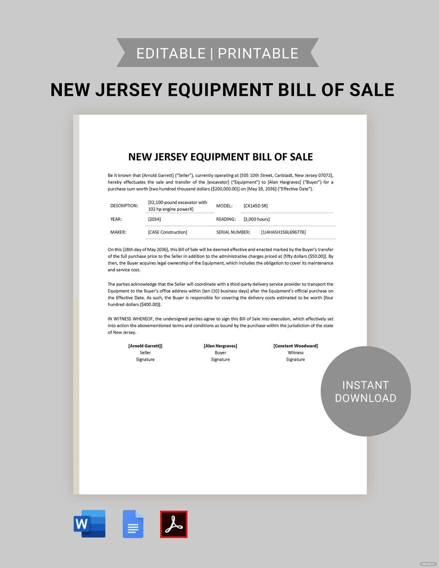 Free New Jersey Equipment Bill of Sale Form Template in Word, Google Docs, PDF