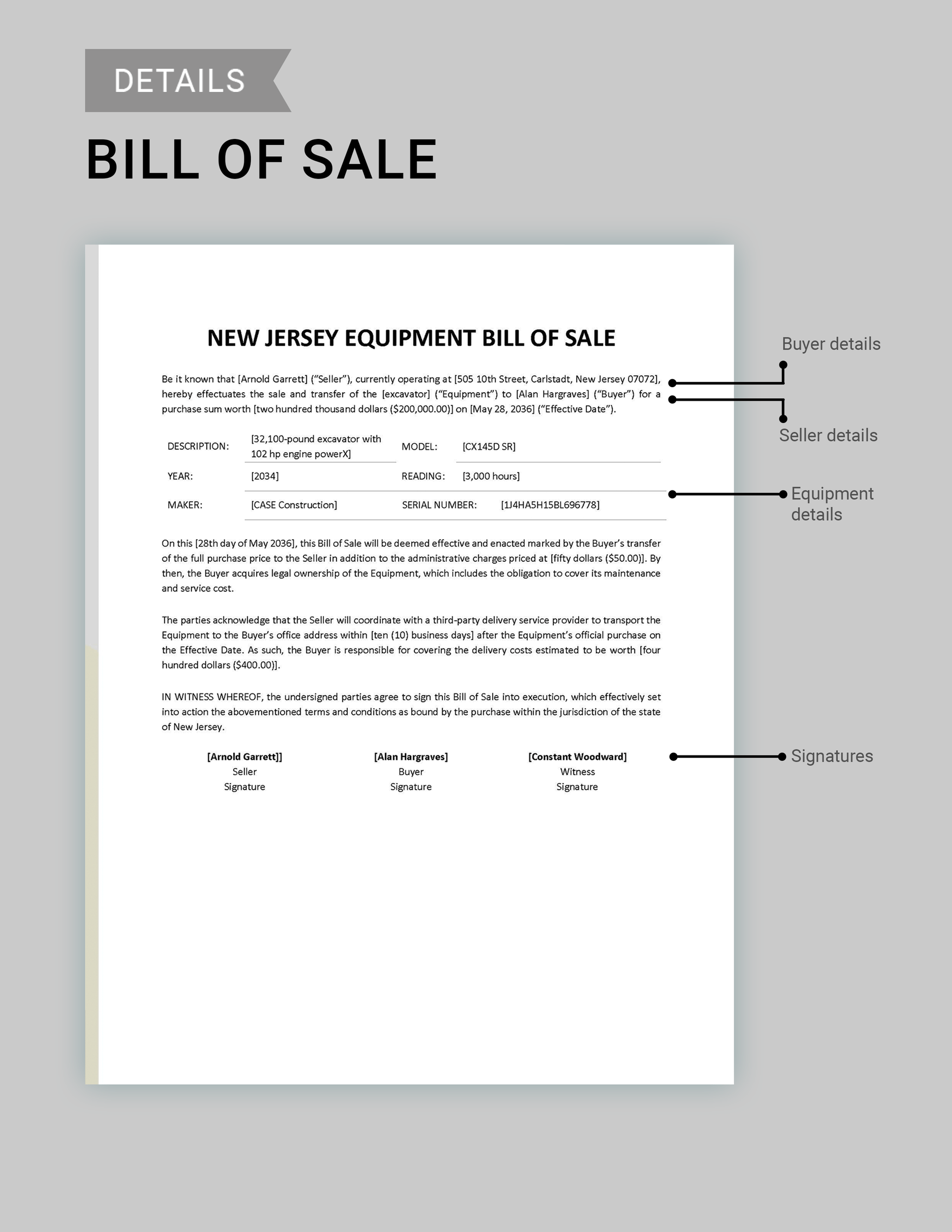 New Jersey Equipment Bill of Sale Form Template