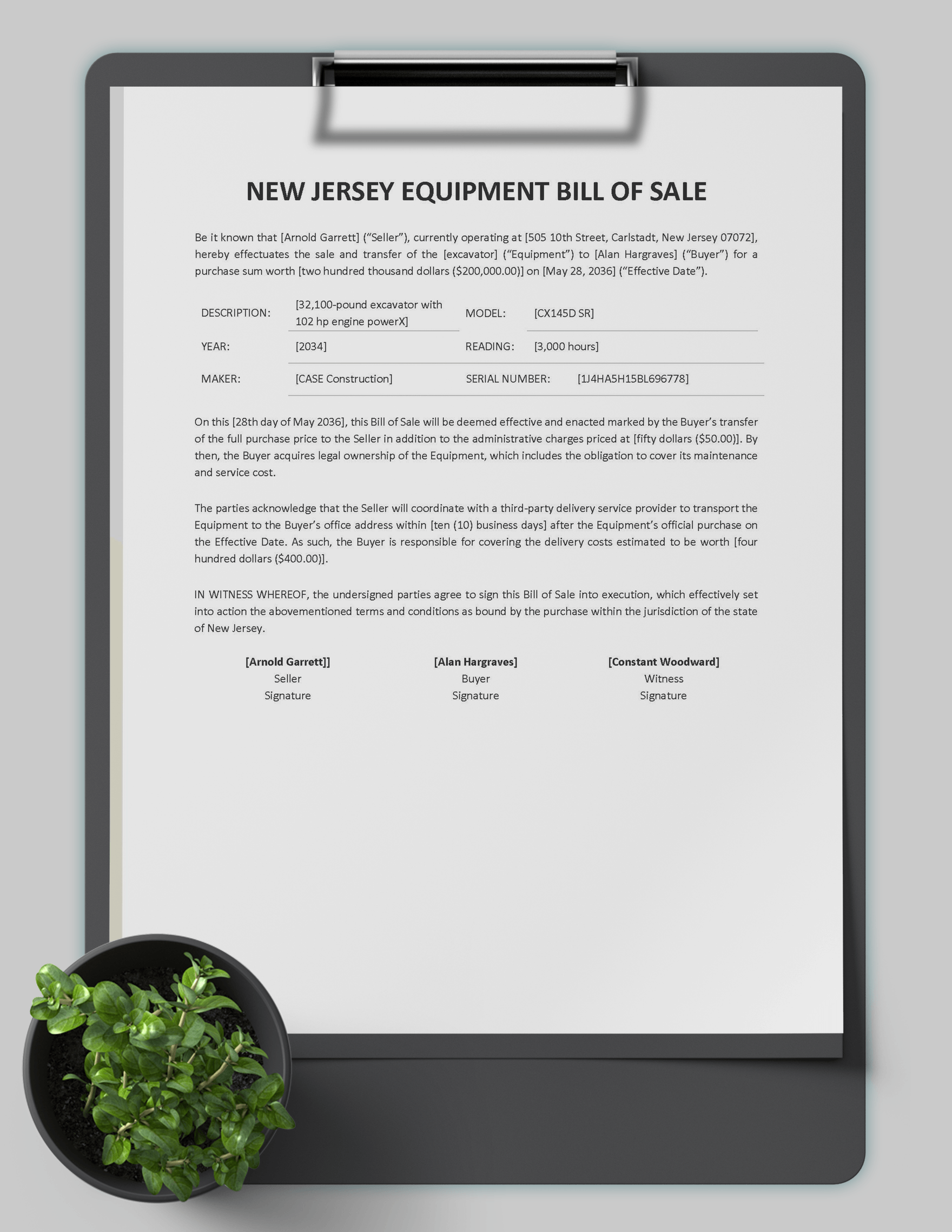 New Jersey Equipment Bill of Sale Form Template