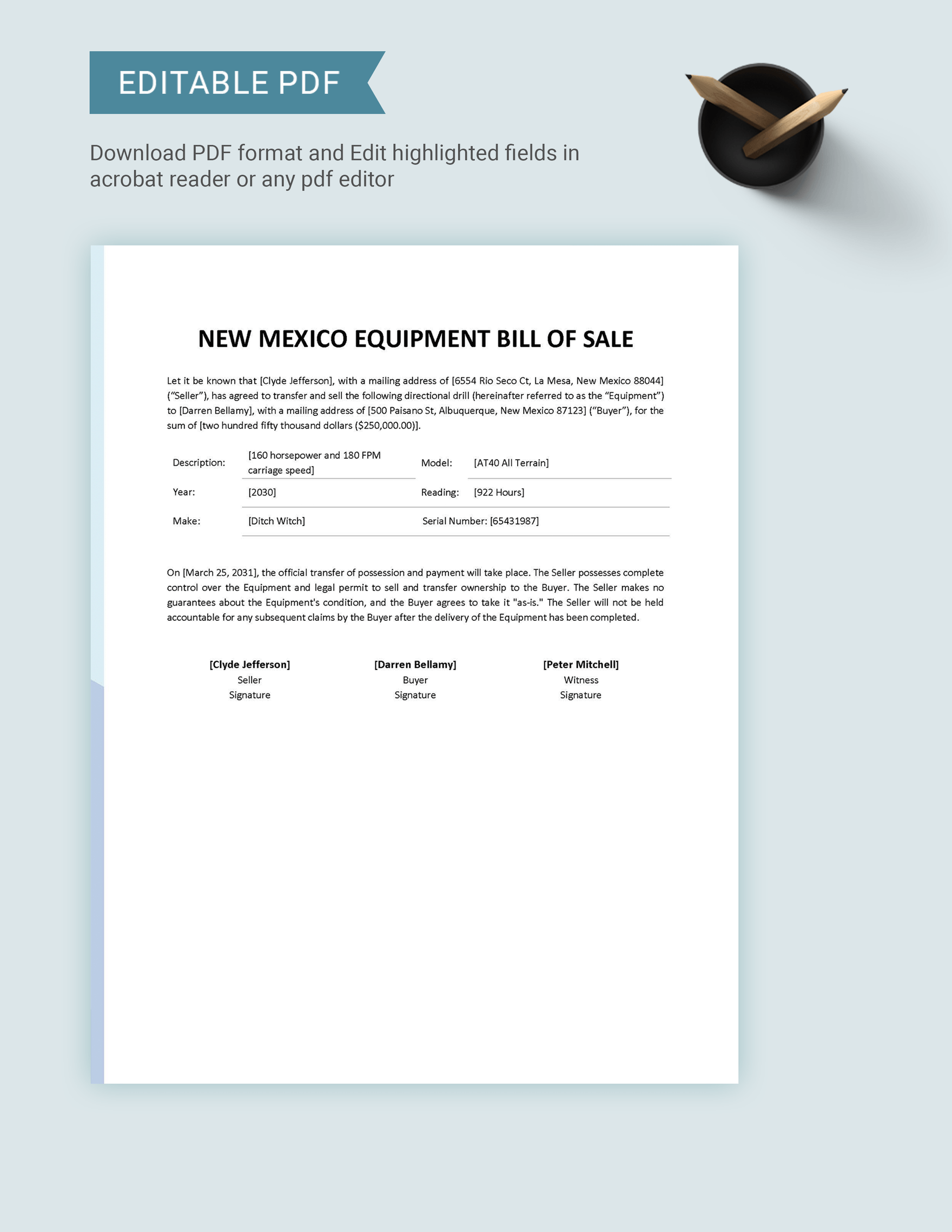 New Mexico Equipment Bill of Sale Form Template