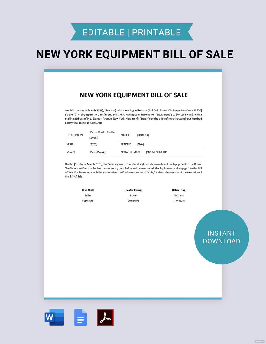 New York Equipment Bill of Sale Template in Word, Google Docs, PDF