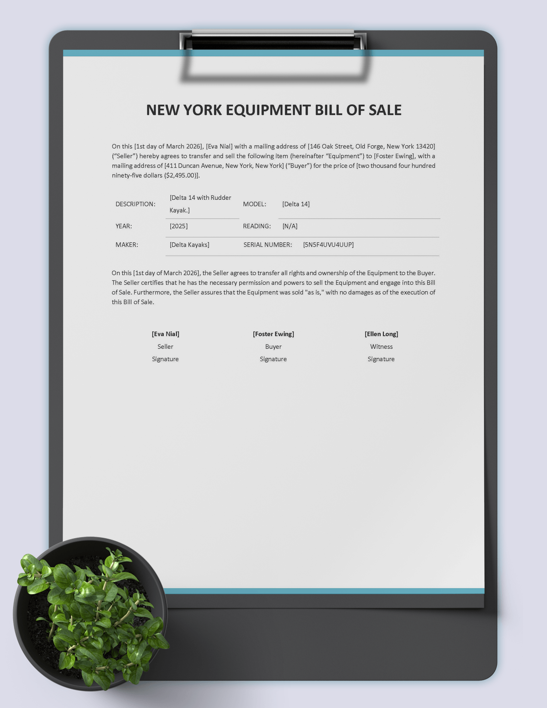 New York Equipment Bill of Sale Template