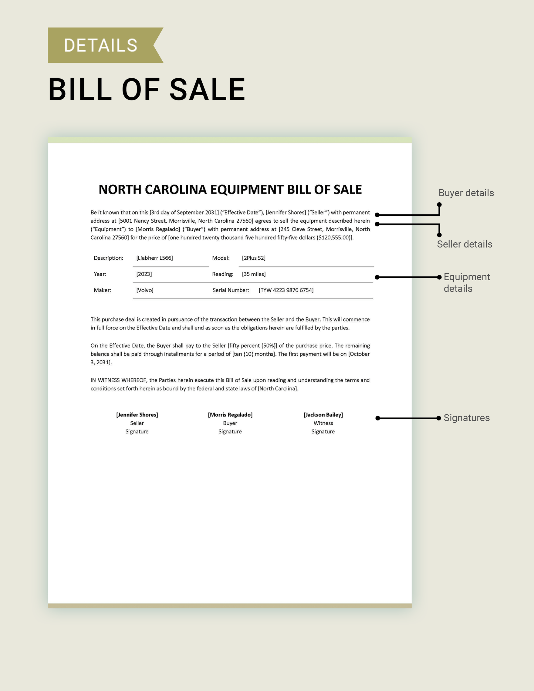 North Carolina Equipment Bill of Sale Template