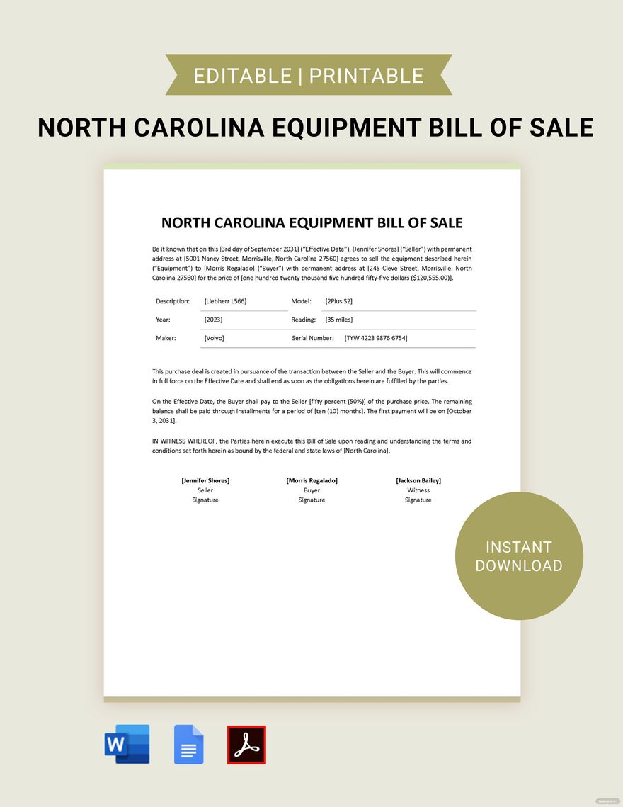North Carolina Equipment Bill of Sale Template