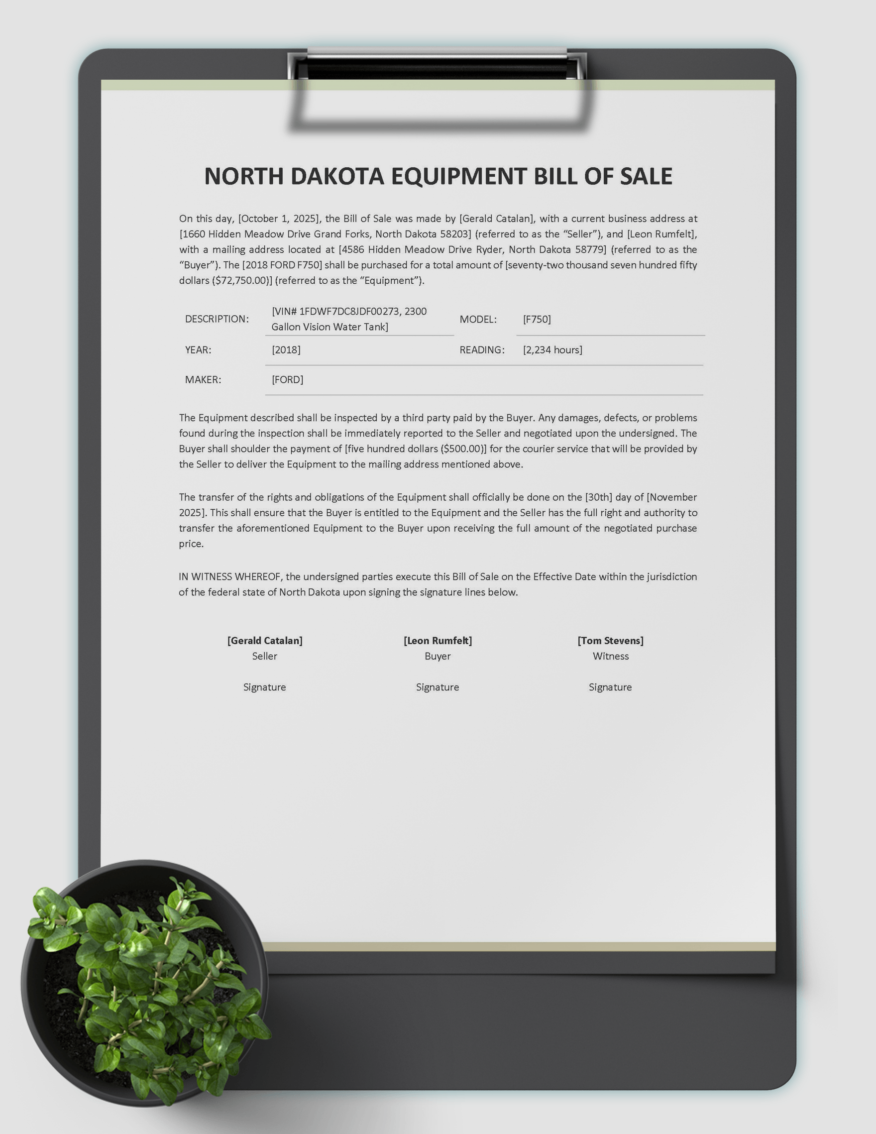 North Dakota Equipment Bill of Sale Template