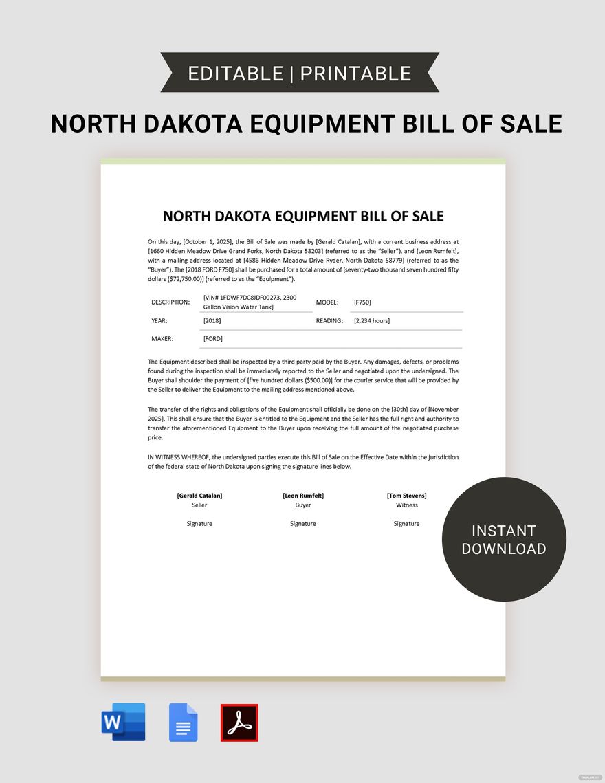 North Dakota Equipment Bill of Sale Template in Word, Google Docs, PDF