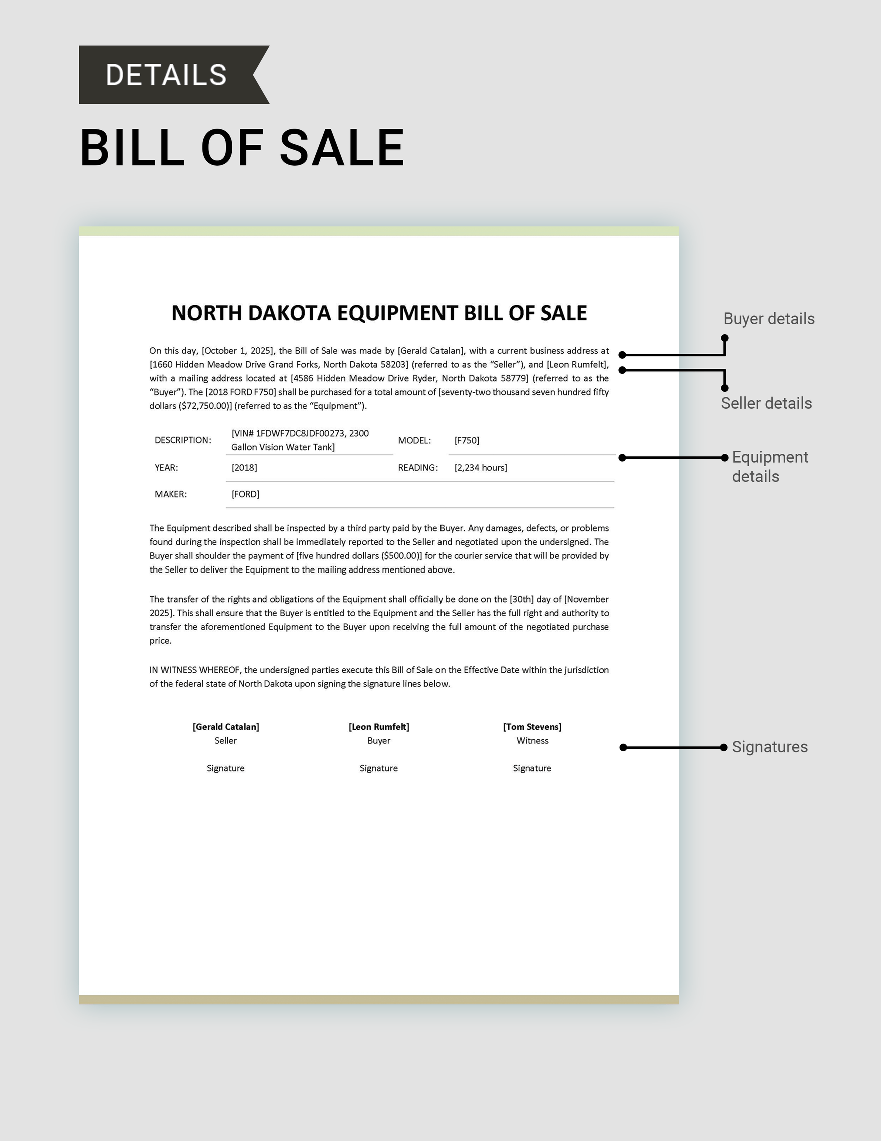 North Dakota Equipment Bill of Sale Template