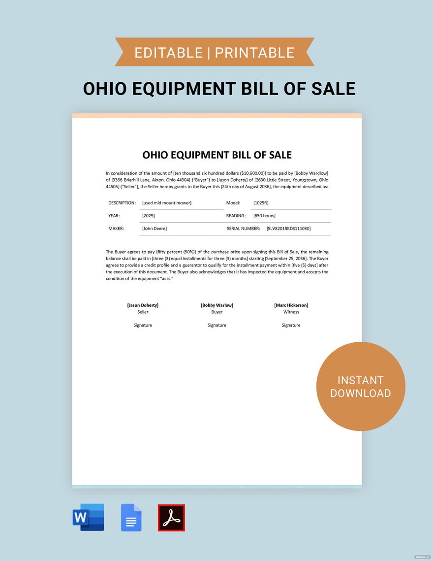 Ohio Equipment Bill of Sale Form Template