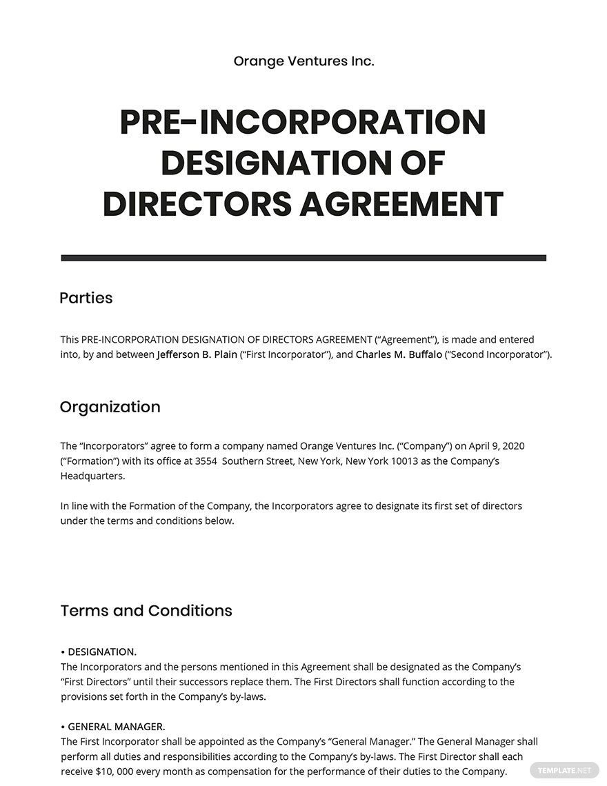 Pre-Incorporation Designation of Directors Template