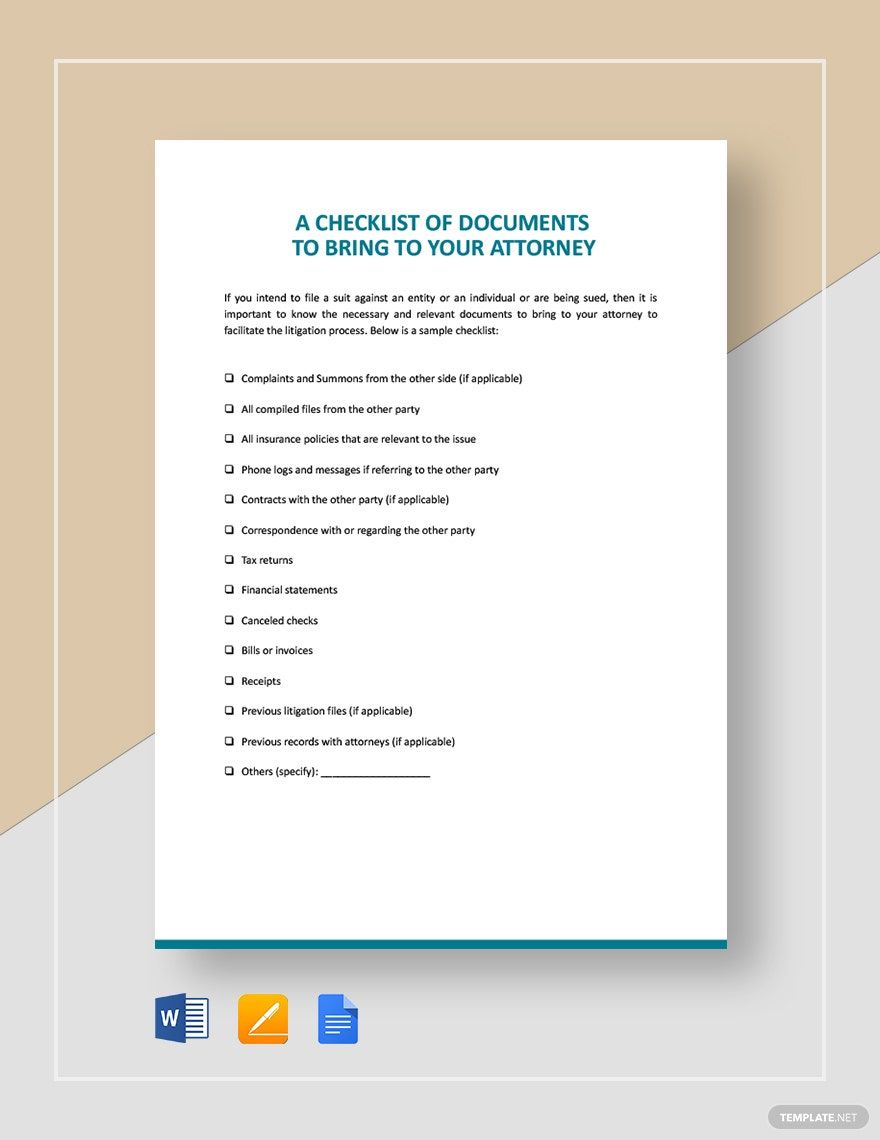 Checklist Documents to Bring to Your Attorney Template