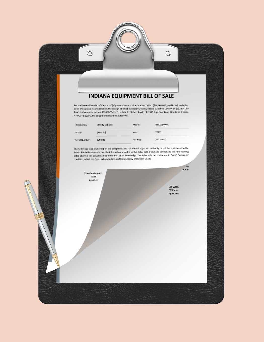 Indiana Equipment Bill of Sale Template