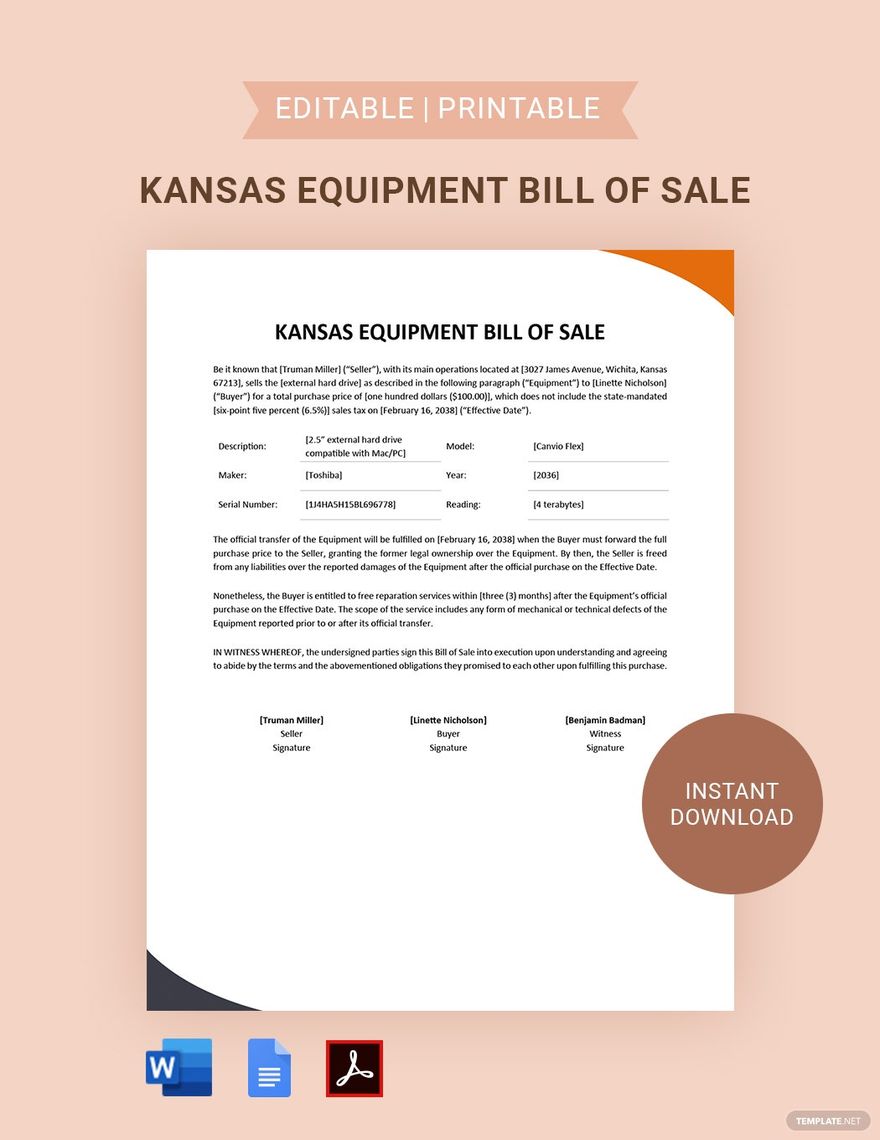 Kansas Equipment Bill of Sale Template
