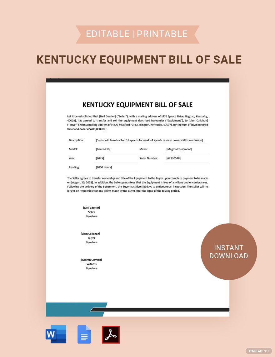 Kentucky Equipment Bill of Sale Template